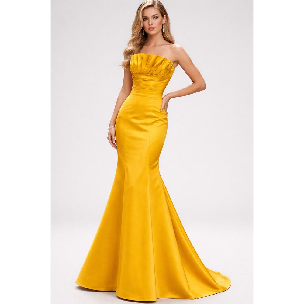 NWT Bari Jay Evening Gown Dress Womens 8 Gold Satin Strapless Pintuck Mermaid